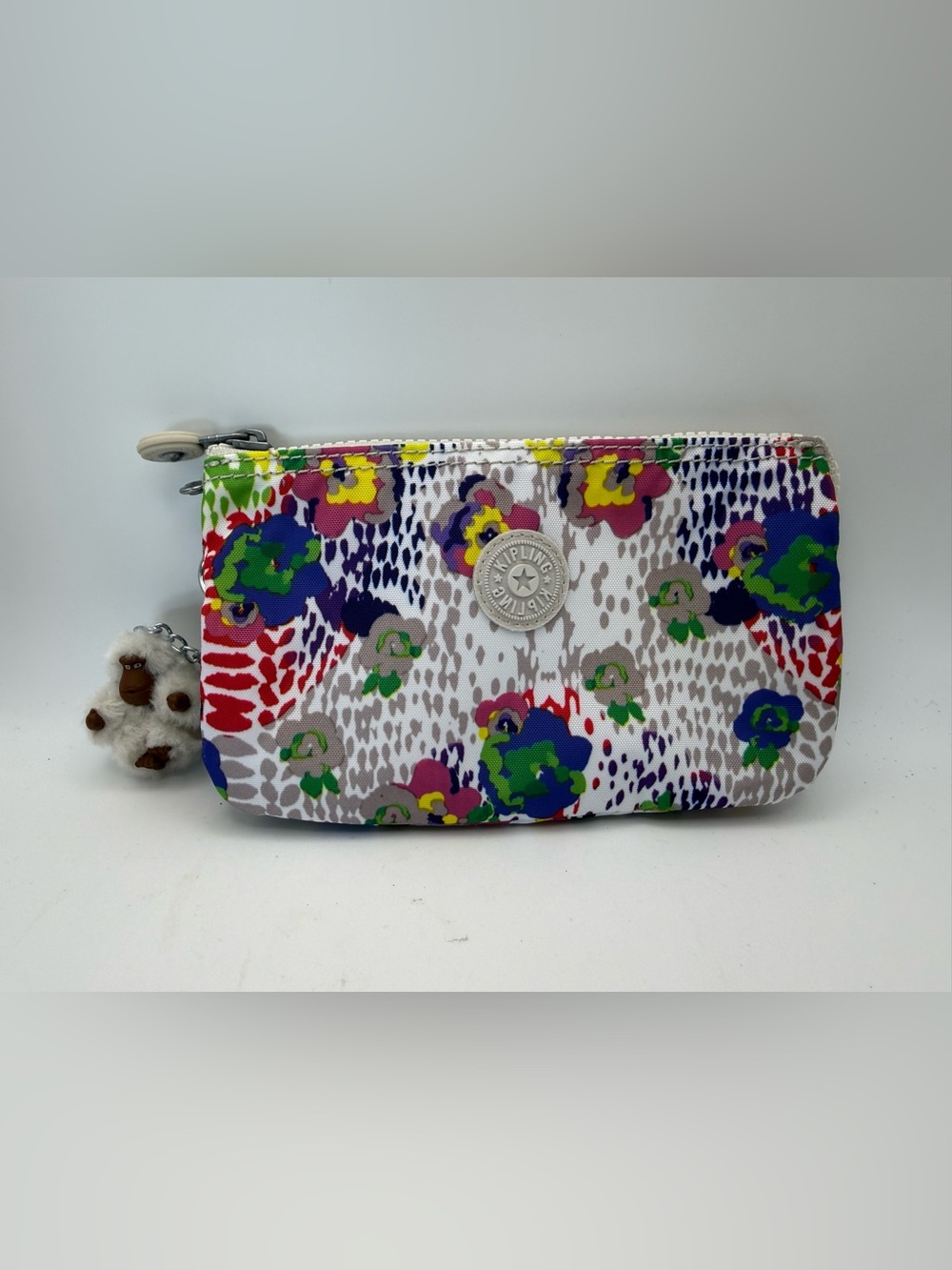 Kipling Multicolor Floral Print Pouch with Monkey Charm